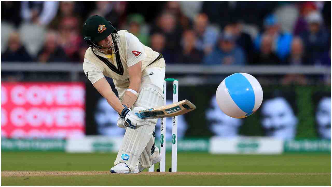 Steve Smith hits a stray beach ball to the boundary to make the crowd go ballistic at Old Trafford